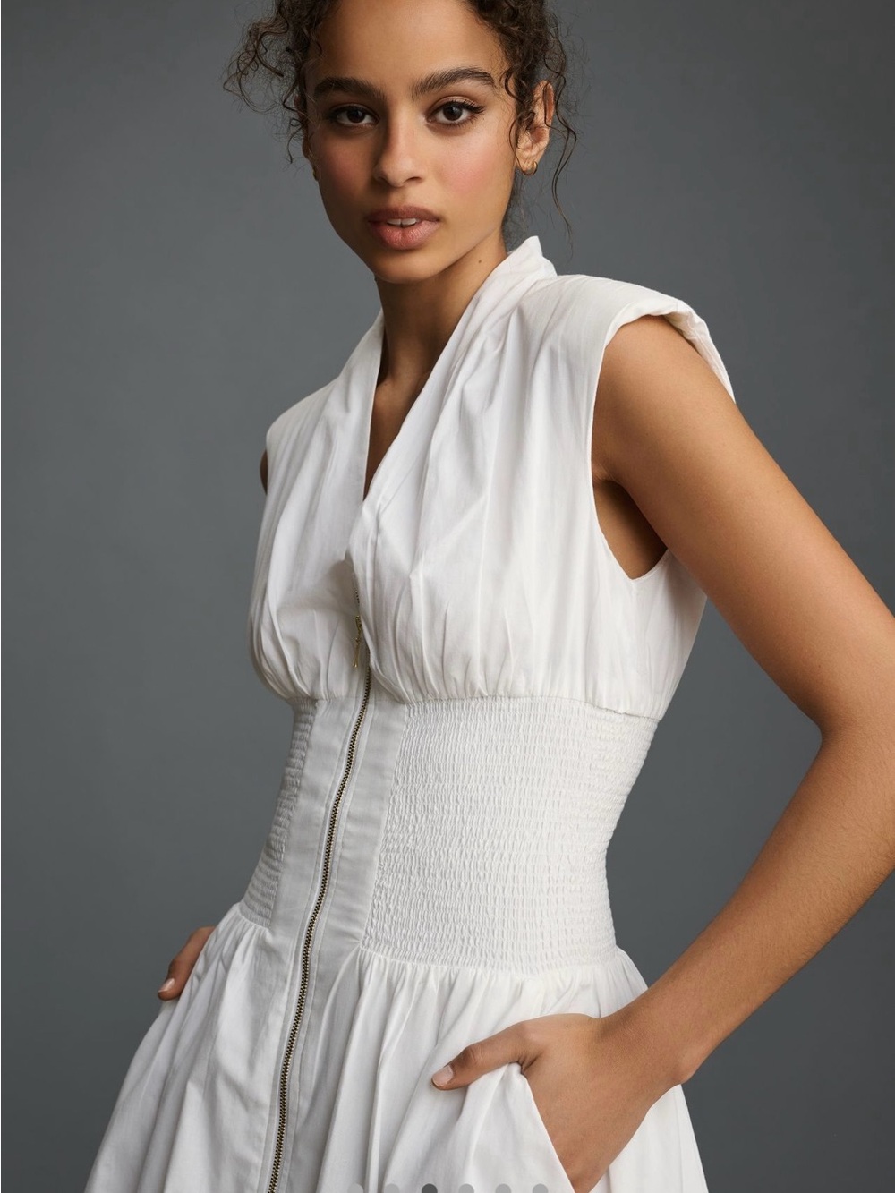 Anthropologie White Sleeveless Zip-Front Smocked-Waist Midi Dress - Picture 3 of 9